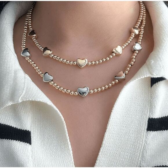 Gold Beaded Puffed Heart Saturn Necklace Choker - Picture 1 of 6